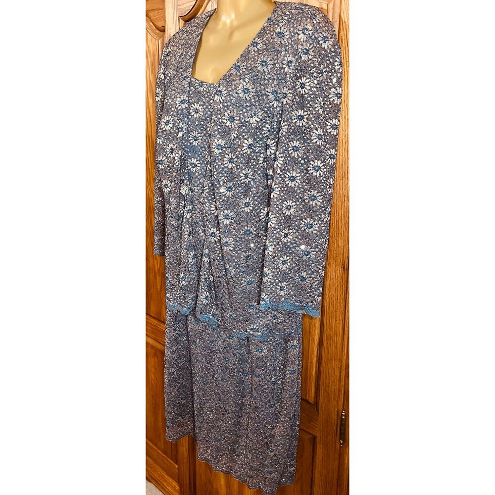 Alex Evening Beige, Blue and Cream Dress and Jacket with Sequins Size 14W